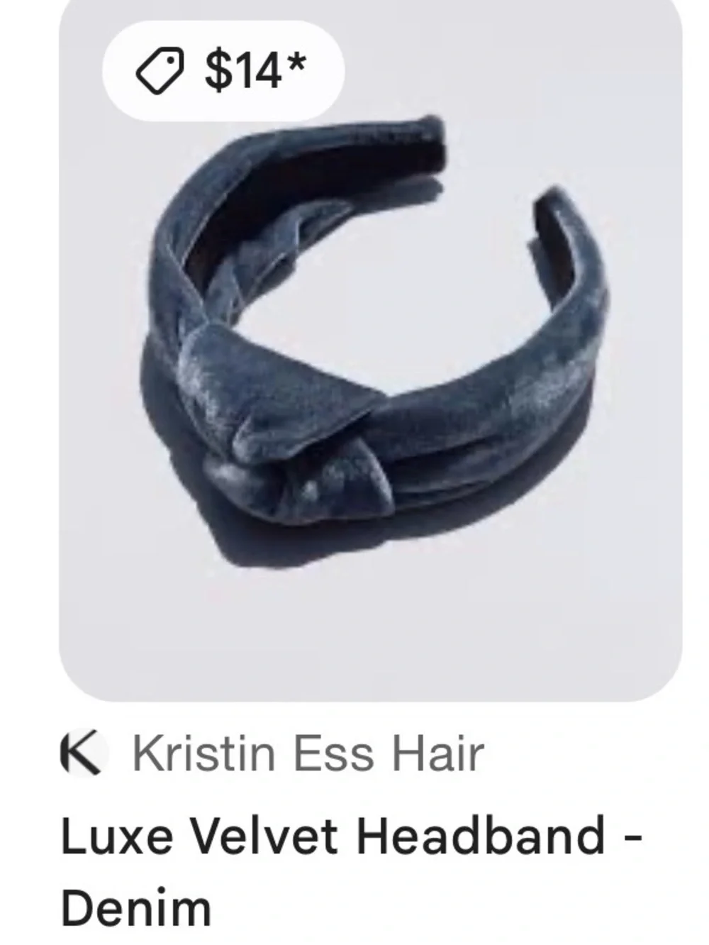 NWT Kristin Ess Luxe Velvet Headband Denim Blue Knotted Non Slip Hair Accessory